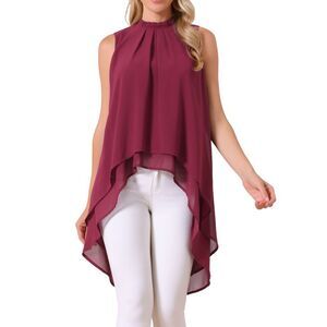 Casual Tie Back Asymmetrical Sleeveless Mock Neck Flowy Blouse Wine Red